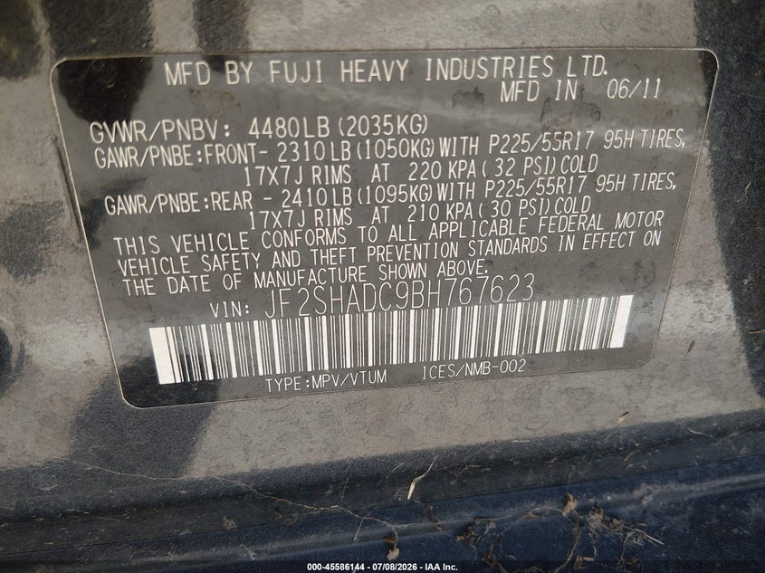 2011 Subaru Forester VIN JF2SHADC9BH767623 IAAI salvage auction — RIGHT SIDE, Clear - Dealer Only (California), sold $825 on 2026-07-28 (photo 9)