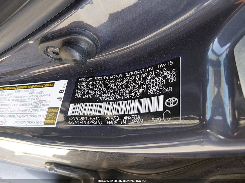 2015 Toyota Prius VIN JTDKN3DU9F1987323 IAAI salvage auction — RIGHT SIDE, Salvage (California), sold $2,050 on 2026-07-30 (photo 9)