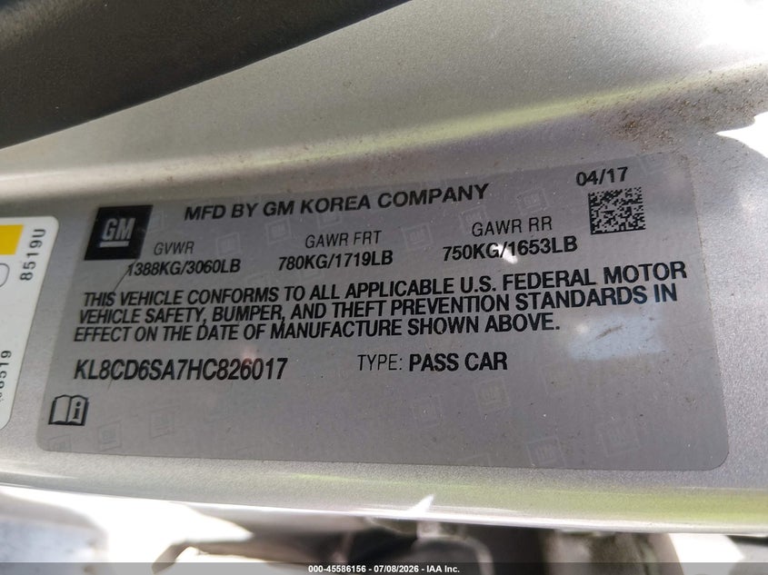 2017 Chevrolet Spark VIN KL8CD6SA7HC826017 IAAI salvage auction — NORMAL WEAR, Clear - Dealer Only (California), sold $675 on 2026-07-28 (photo 9)