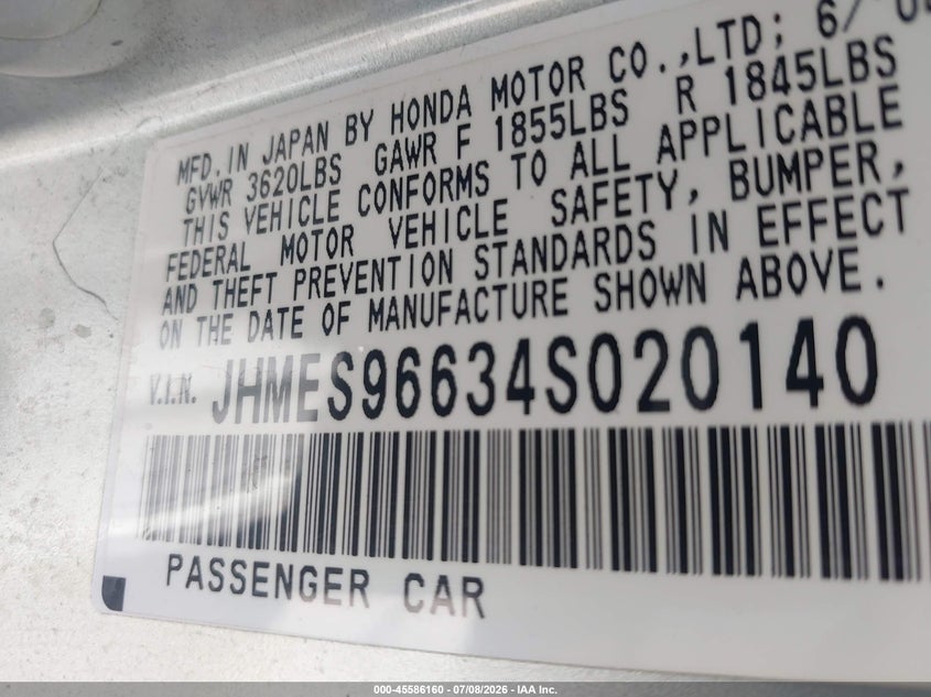 2004 Honda Civic hybrid VIN JHMES96634S020140 IAAI salvage auction — SIDE, Clear - Dealer Only (California), sold $400 on 2026-07-29 (photo 9)