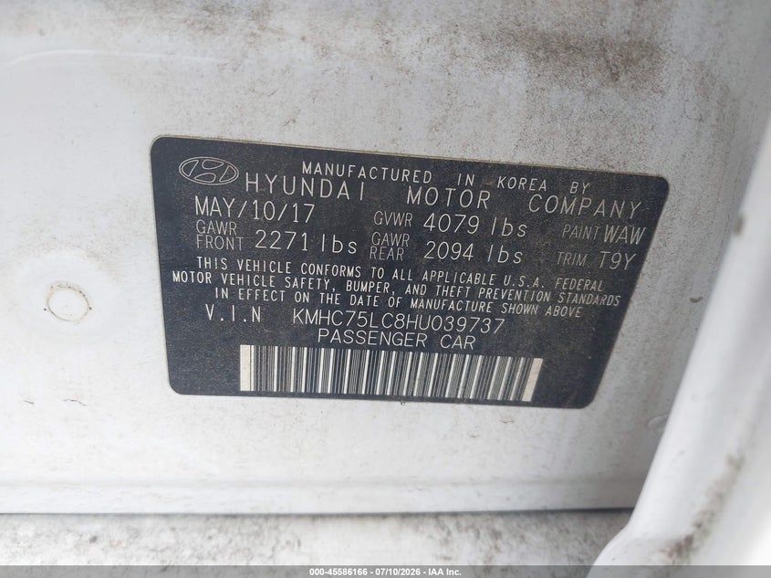 2017 Hyundai Ioniq VIN KMHC75LC8HU039737 IAAI salvage auction — FRONT & REAR, Clear (Virginia), sold $1,450 on 2026-07-28 (photo 9)