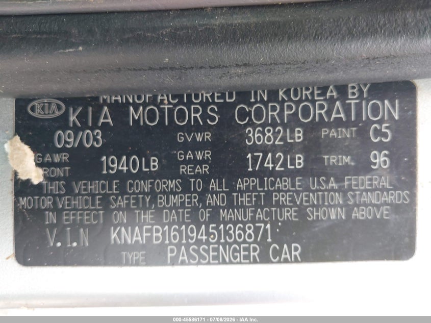 2004 Kia Spectra VIN KNAFB161945136871 IAAI salvage auction — NORMAL WEAR, Clear (Maryland), sold $400 on 2026-07-16 (photo 9)