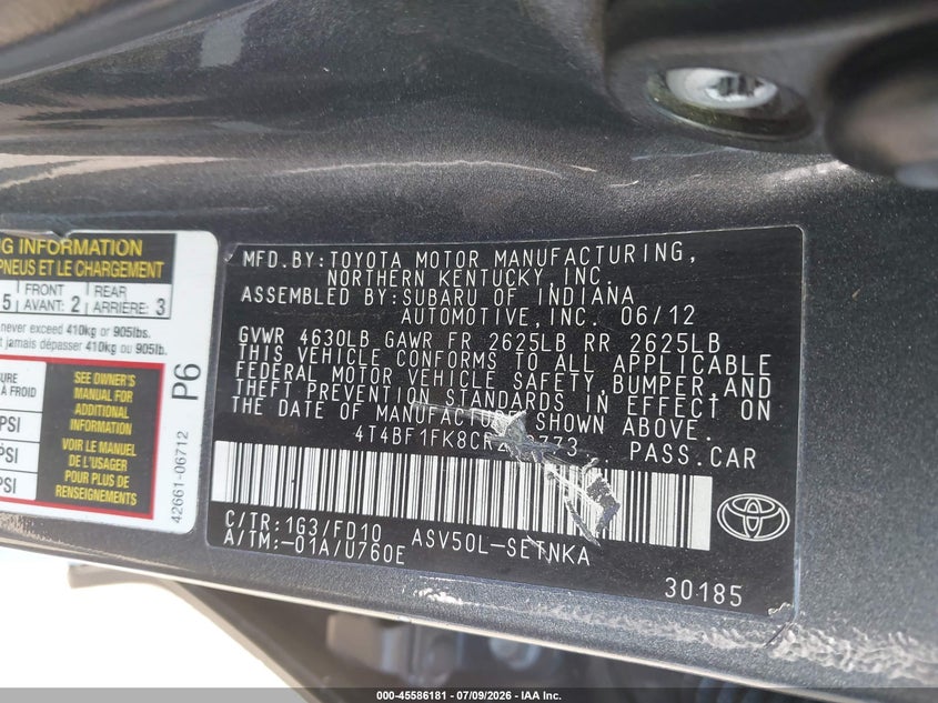2013 Toyota Camry VIN 4T1BF1FK9DU262468 IAAI salvage auction — REAR END, Salvage Title, sold $3,200 on 2026-07-19 (photo 9)