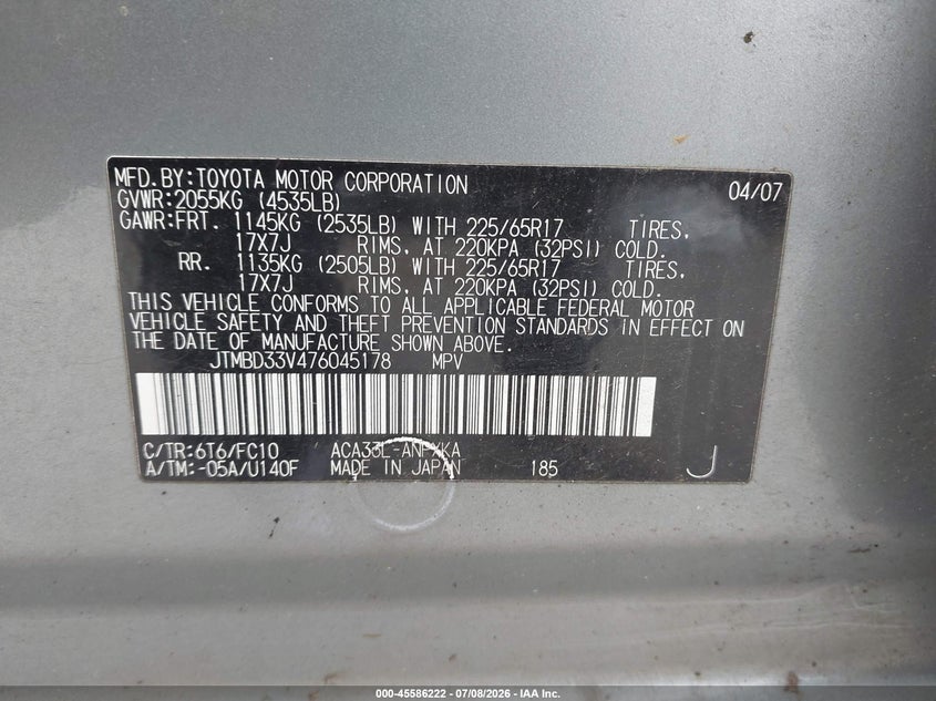 2007 Toyota Rav4 VIN JTMBD33V476045178 IAAI salvage auction — LEFT & RIGHT, Clear (Washington), sold $700 on 2026-07-29 (photo 9)