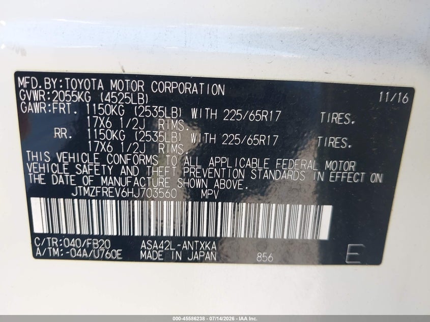2017 Toyota Rav 4 VIN JTMZFREV6HJ703560 IAAI salvage auction — RIGHT REAR, Salvage Certificate (California), sold $4,550 on 2026-07-22 (photo 9)