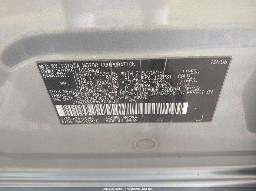 2006 Toyota Rav4 VIN JTMZD33V065010687 IAAI salvage auction — NORMAL WEAR, Clear (Florida), sold $1,725 on 2026-07-30 (photo 9)