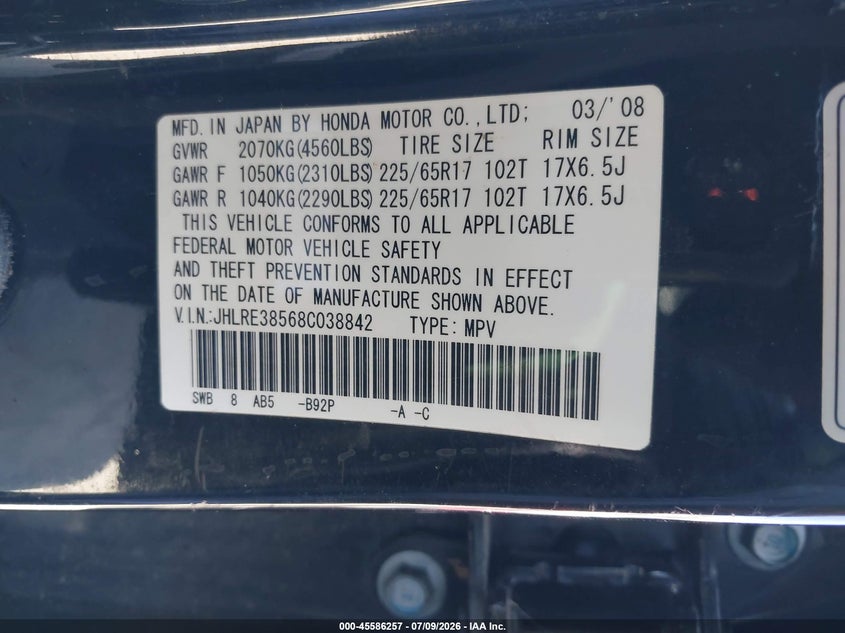 2008 Honda Cr-v VIN JHLRE38568C038842 IAAI salvage auction — RIGHT FRONT, Salvage (California), sold $1,150 on 2026-07-29 (photo 9)