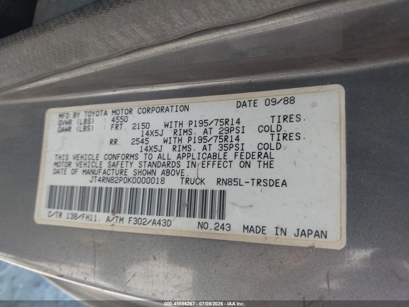 1989 Toyota Pickup VIN JT4RN82P0K0000018 IAAI salvage auction — NORMAL WEAR, Clear - Dealer Only (California), sold $1,525 on 2026-07-16 (photo 9)