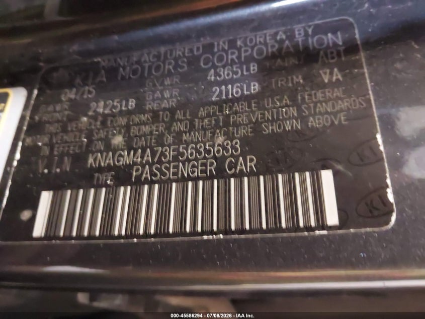 2015 Kia Optima VIN KNAGM4A73F5635633 IAAI salvage auction — NORMAL WEAR, Clear (Minnesota), sold $600 on 2026-07-15 (photo 9)