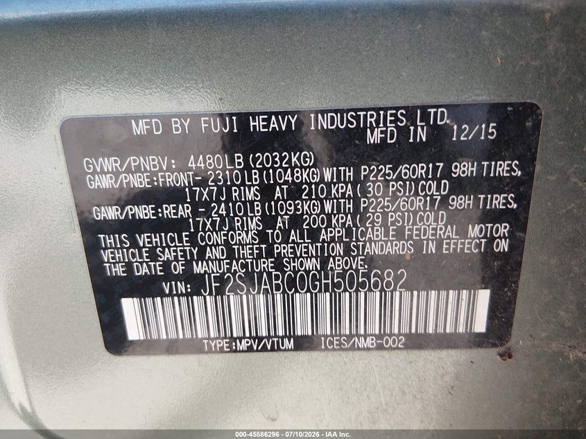 2016 Subaru Forester VIN JF2SJABC0GH505682 IAAI salvage auction — NORMAL WEAR, Clear - Public Restricted (Oregon), sold $7,500 on 2026-07-20 (photo 9)