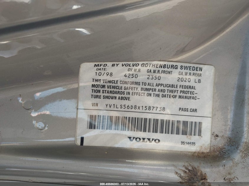 1999 Volvo S70 VIN YV1LS56D8X1587738 IAAI salvage auction — NORMAL WEAR, Clear (Washington), sold $300 on 2026-07-22 (photo 9)