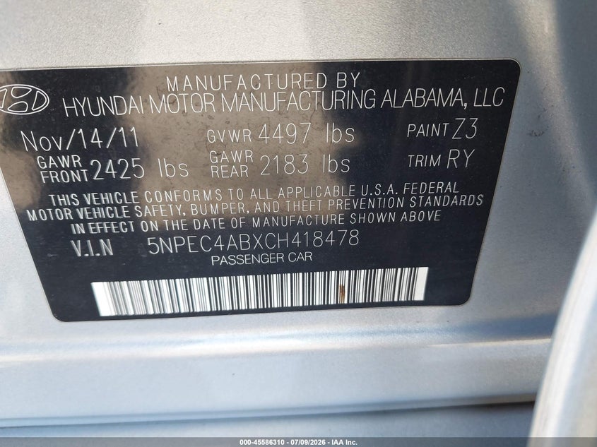 2012 Hyundai Sonata VIN 5NPEC4ABXCH418478 IAAI salvage auction — SIDE, Salvage Certificate (California), sold $800 on 2026-07-16 (photo 9)