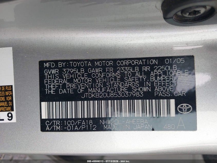 2005 Toyota Prius VIN JTDKB20U853037983 IAAI salvage auction — REAR END, Salvage (California), sold $1,000 on 2026-07-22 (photo 9)
