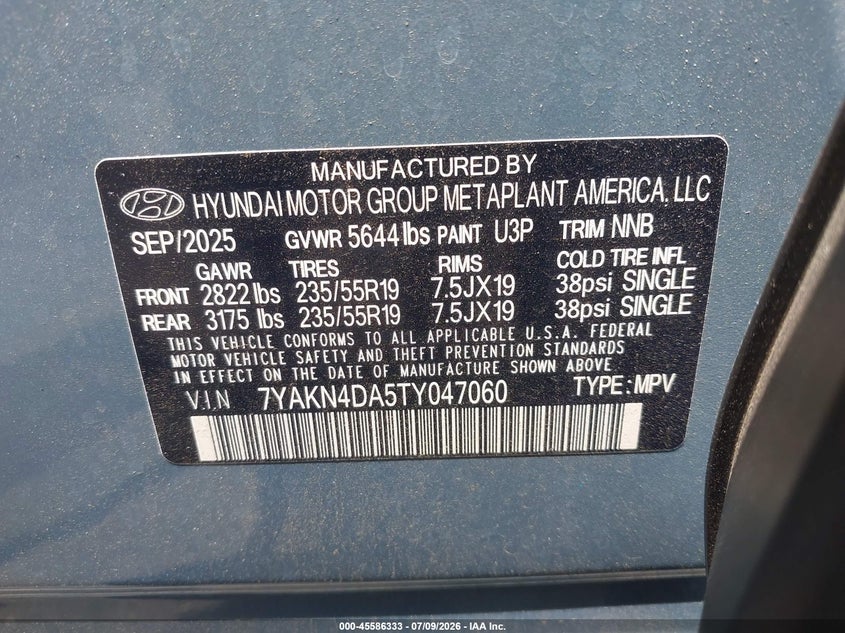 2026 Hyundai Ioniq 5 VIN 7YAKN4DA5TY047060 IAAI salvage auction — FRONT & REAR, Wait Title, sold $8,200 on 2026-08-21 (photo 9)