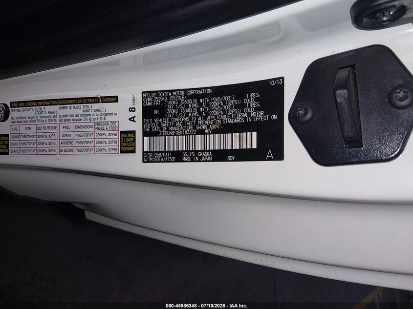 2014 Toyota Fj cruiser VIN JTEBU4BFXEK183372 IAAI salvage auction — FRONT END, Salvage Title, sold $10,100 on 2026-08-04 (photo 9)