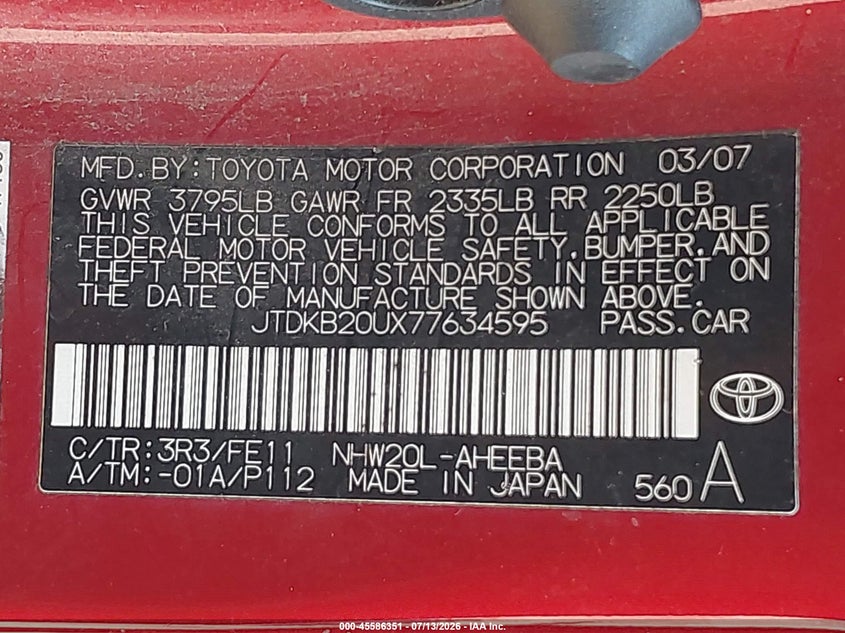 2007 Toyota Prius VIN JTDKB20UX77634595 IAAI salvage auction — NORMAL WEAR, Clear - Public Restricted (Oregon), sold $1,850 on 2026-07-16 (photo 9)