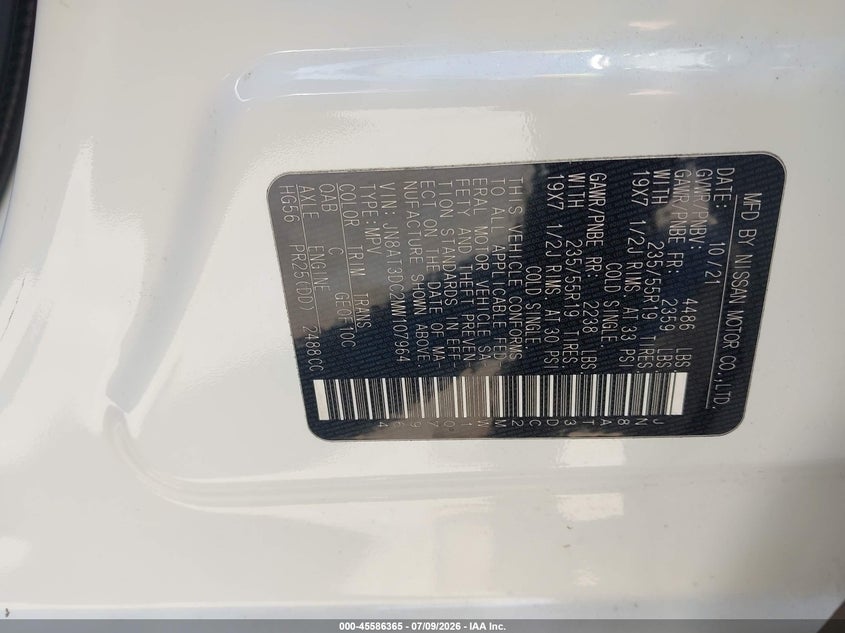 2021 Nissan Rogue VIN JN8AT3DC2MW107964 IAAI salvage auction — THEFT, Salvage Title, sold $6,200 on 2026-07-30 (photo 9)
