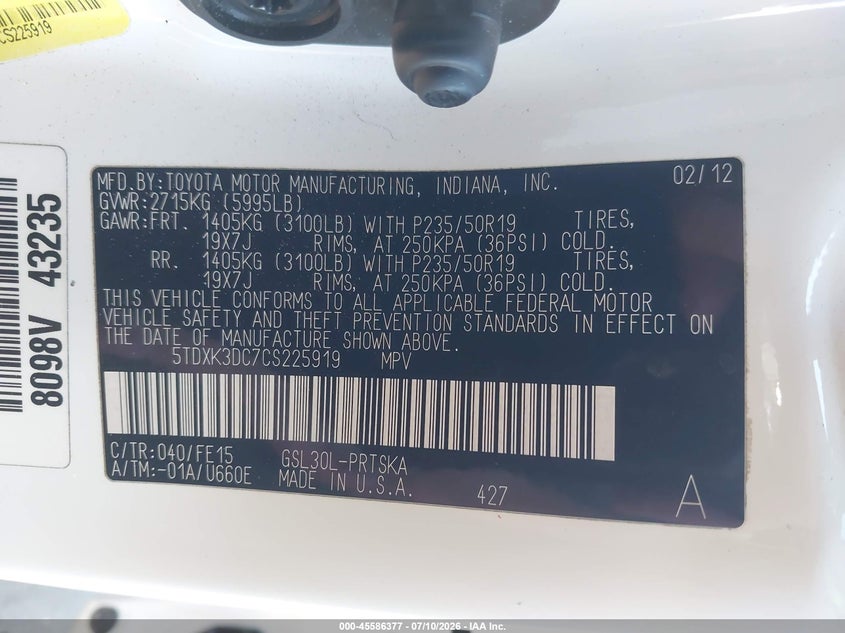 2012 Toyota Sienna VIN 5TDXK3DC7CS225919 IAAI salvage auction — REAR END, Salvage Certificate (California), sold $375 on 2026-07-24 (photo 9)