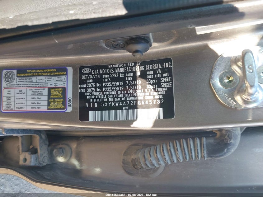 2015 Kia Sorento VIN 5XYKW4A72FG645732 IAAI salvage auction — NORMAL WEAR, Regular Certificate (Iowa), sold $1,100 on 2026-07-29 (photo 9)