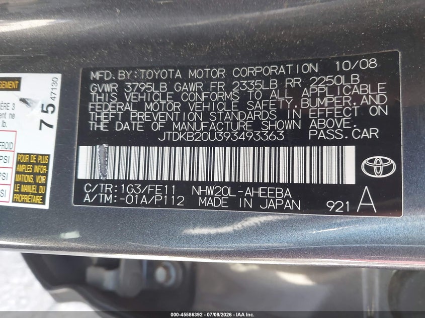 2009 Toyota Prius VIN JTDKB20U393493363 IAAI salvage auction — UNKNOWN, Clear - Dealer Only (California), sold $825 on 2026-07-29 (photo 9)