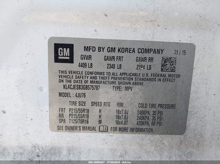 2016 Buick Encore VIN KL4CJESB3GB575787 IAAI salvage auction — NORMAL WEAR, Clear (Florida), sold $375 on 2026-07-31 (photo 9)