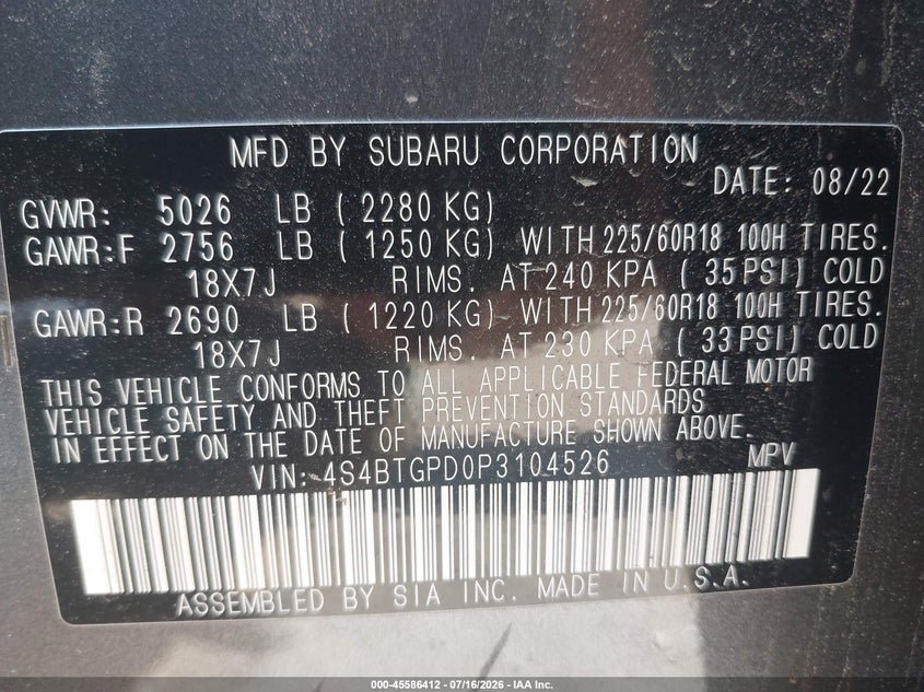 2023 Subaru Outback VIN 4S4BTGPD0P3104526 IAAI salvage auction — FRONT END, Salvage Title, sold $9,300 on 2026-08-27 (photo 9)