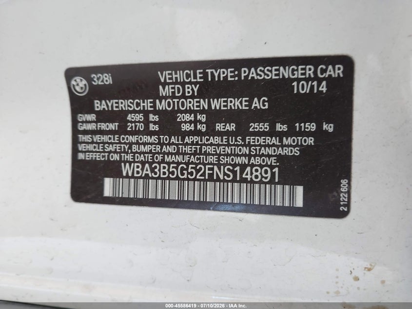 2015 BMW 3er VIN WBA3B5G52FNS14891 IAAI salvage auction — LEFT SIDE, Salvage Title, sold $2,200 on 2026-08-19 (photo 9)