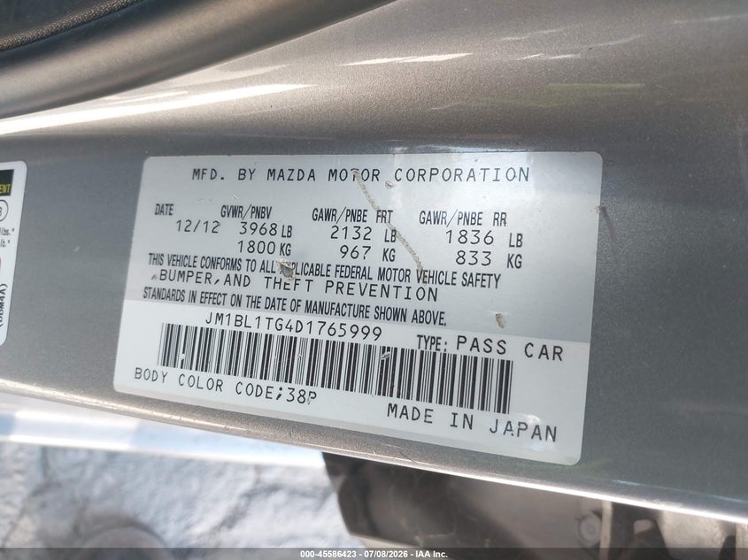 2013 Mazda 3 VIN JM1BL1TG4D1765999 IAAI salvage auction — LEFT SIDE, Salvage (California), sold $700 on 2026-07-22 (photo 9)