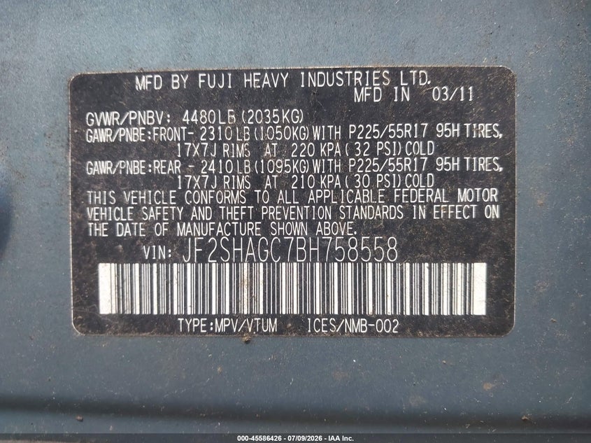 2011 Subaru Forester VIN JF2SHAGC7BH758558 IAAI salvage auction — NORMAL WEAR, Clear (New York), sold $375 on 2026-07-29 (photo 9)