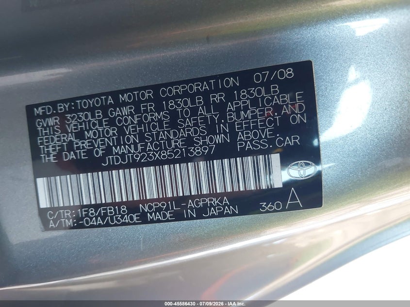 2008 Toyota Yaris VIN JTDJT923X85213897 IAAI salvage auction — FRONT & REAR, Bill Of Sale (Washington), sold $250 on 2026-07-29 (photo 9)