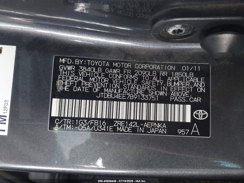 2011 Toyota Corolla VIN JTDBU4EE7B9133751 IAAI salvage auction — REAR END, Salvage (California), sold $25 on 2026-07-29 (photo 9)