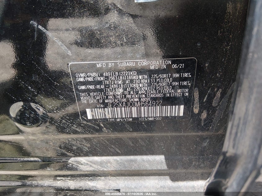 2021 Subaru Forester VIN JF2SKAJC0MH564922 IAAI salvage auction — NORMAL WEAR, Clear (Georgia), sold $6,350 on 2026-07-31 (photo 9)