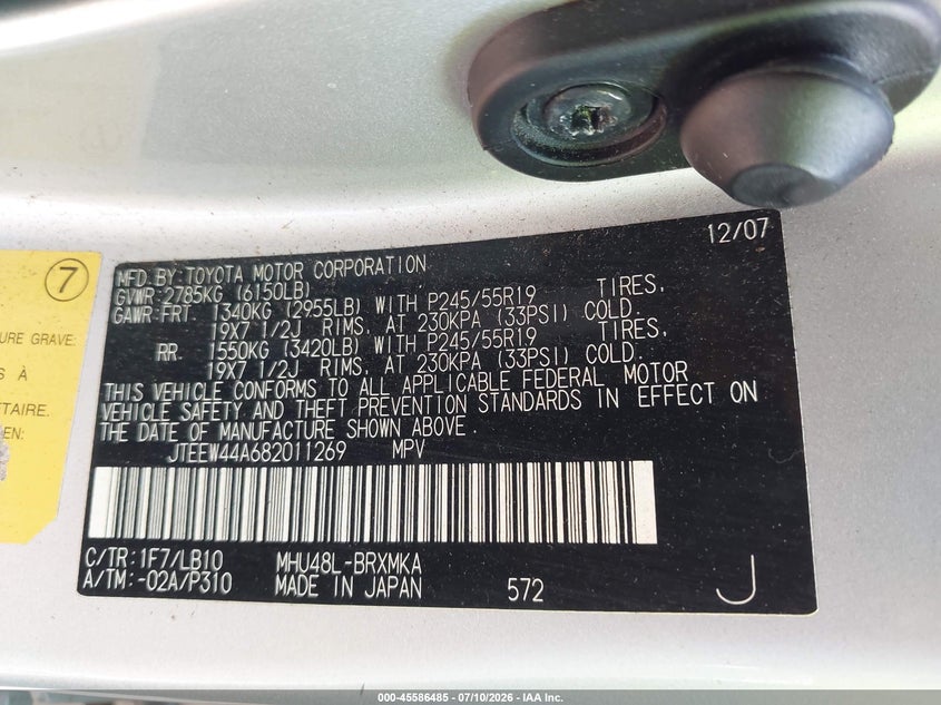 2008 Toyota Highlander hybrid VIN JTEEW44A682011269 IAAI salvage auction — NORMAL WEAR, Clear-Dealer Only (North Carolina), sold $500 on 2026-07-27 (photo 9)