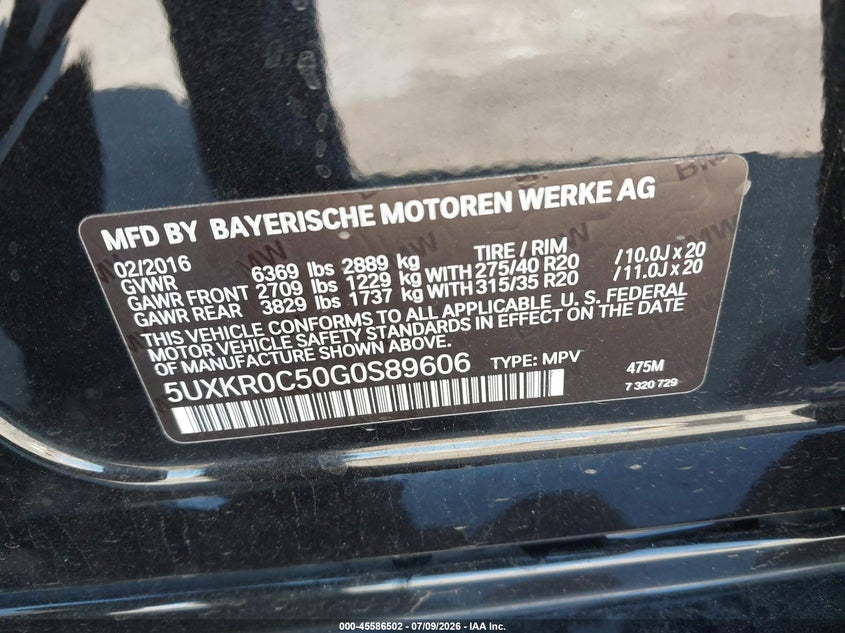 2016 BMW X5 VIN 5UXKR0C50G0S89606 IAAI salvage auction — RIGHT FRONT, Salvage (California), sold $3,900 on 2026-07-29 (photo 9)