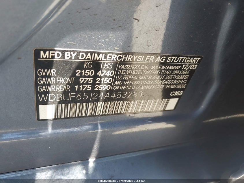 2004 Mercedes-benz E-class VIN WDBUF65J24A483283 IAAI salvage auction — FRONT END, Clear - Dealer Only (California), sold $325 on 2026-07-29 (photo 9)