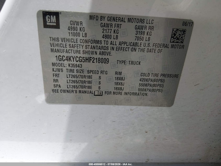 2017 Chevrolet Silverado VIN 1GC4KYCG5HF218009 IAAI salvage auction — NORMAL WEAR, Sf97 (Oregon), sold $5,100 on 2026-07-29 (photo 9)