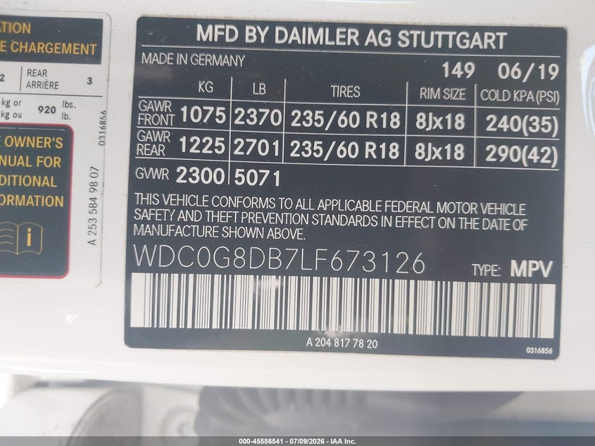 2020 Mercedes-benz Glc VIN WDC0G8DB7LF673126 IAAI salvage auction — LEFT FRONT, Salvage Title, sold $5,100 on 2026-08-19 (photo 9)