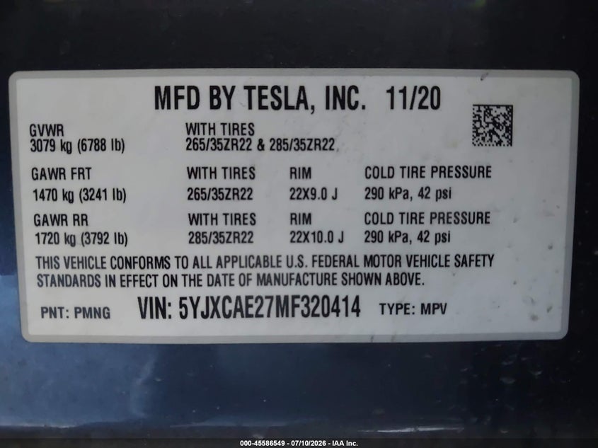 2021 Tesla Model x VIN 5YJXCAE27MF320414 IAAI salvage auction — FRONT END, Salvage (California), sold $16,100 on 2026-07-25 (photo 9)