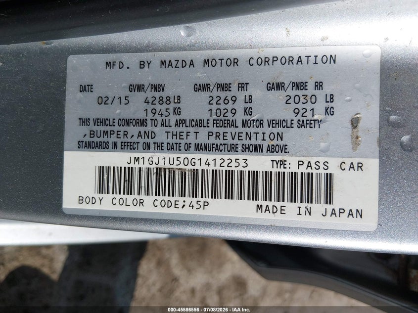 2016 Mazda 6 VIN JM1GJ1U50G1412253 IAAI salvage auction — NORMAL WEAR, Clear (Massachusetts), sold $350 on 2026-07-29 (photo 9)