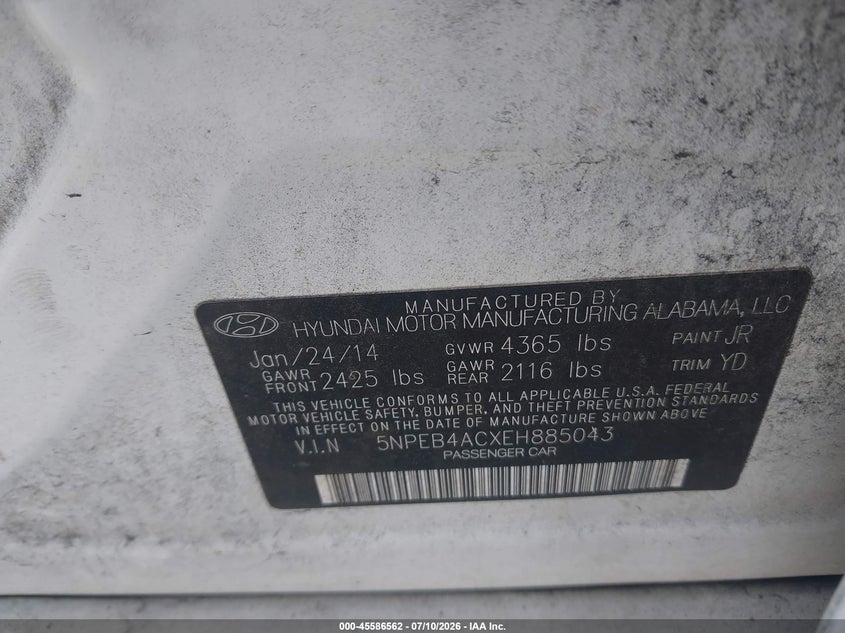 2014 Hyundai Sonata VIN 5NPEB4ACXEH885043 IAAI salvage auction — NORMAL WEAR, Clear (Florida), sold $325 on 2026-07-28 (photo 9)