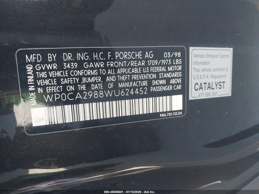 1998 Porsche Boxster VIN WP0CA2988WU624452 IAAI salvage auction — FRONT END, Salvage (California), sold $875 on 2026-08-10 (photo 9)