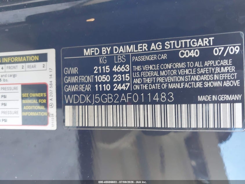 2010 Mercedes-benz E-class VIN WDDKJ5GB2AF011483 IAAI salvage auction — NORMAL WEAR, Clear (Florida), sold $400 on 2026-07-28 (photo 9)
