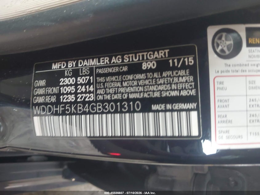 2016 Mercedes-benz E-klasse VIN WDDHF5KB4GB301310 IAAI salvage auction — LEFT SIDE, Rebuildable (Florida), sold $1,650 on 2026-08-18 (photo 9)