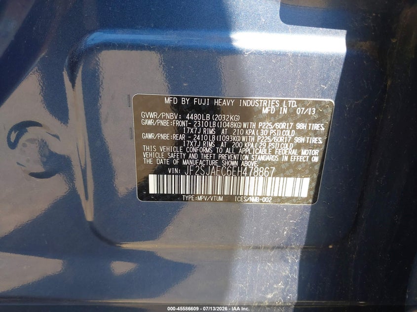 2014 Subaru Forester VIN JF2SJAEC6EH478867 IAAI salvage auction — HAIL, Clear (Minnesota), sold $875 on 2026-07-29 (photo 9)