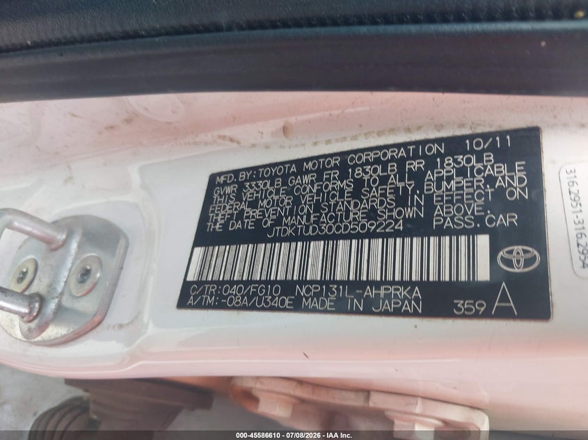 2012 Toyota Yaris VIN JTDKTUD30CD509224 IAAI salvage auction — NORMAL WEAR, Clear (Alabama), sold $1,050 on 2026-07-31 (photo 9)