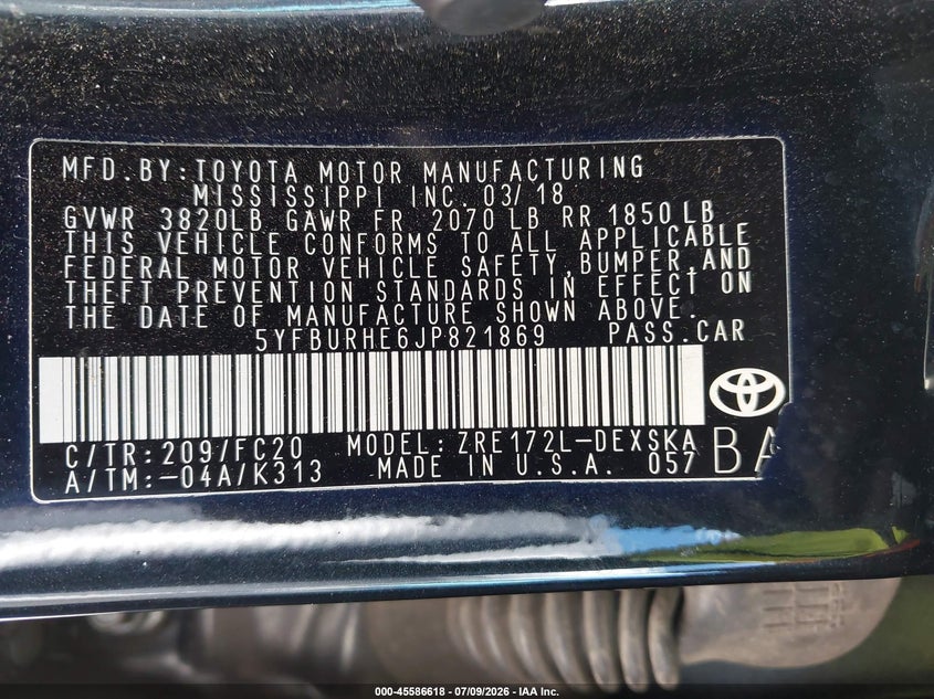2018 Toyota Corolla VIN 5YFBURHE6JP821869 IAAI salvage auction — NORMAL WEAR, Clear (Texas), sold $2,025 on 2026-07-16 (photo 9)