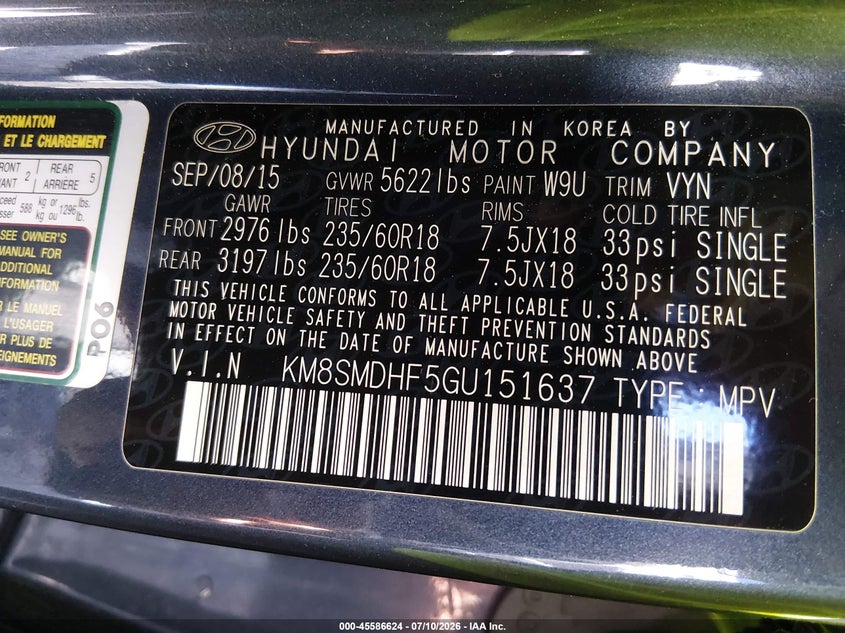 2016 Hyundai Santa fe VIN KM8SMDHF5GU151637 IAAI salvage auction — NORMAL WEAR, Regular (Nevada), sold $1,100 on 2026-07-17 (photo 9)