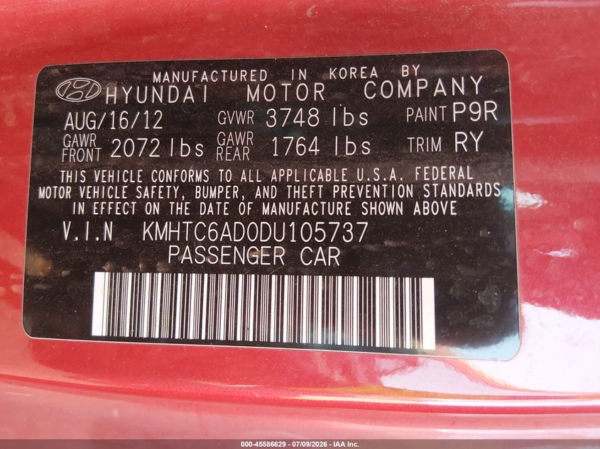 2013 Hyundai Veloster VIN KMHTC6AD0DU105737 IAAI salvage auction — NORMAL WEAR, Clear-Dealer Only (Arizona), sold $325 on 2026-07-28 (photo 9)