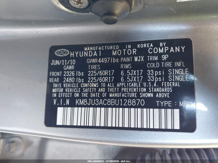 2011 Hyundai Tucson VIN KM8JU3AC8BU128870 IAAI salvage auction — REAR END, Bill Of Sale (Washington), sold $650 on 2026-07-29 (photo 9)