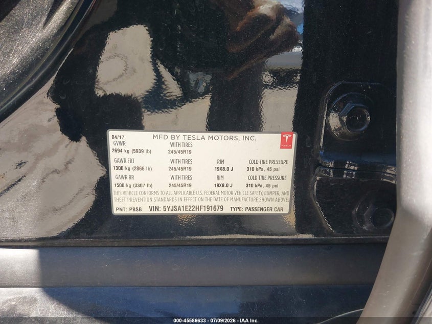 2017 Tesla Model s VIN 5YJSA1E22HF191679 IAAI salvage auction — REAR END, Salvage Title, sold $7,100 on 2026-08-03 (photo 9)